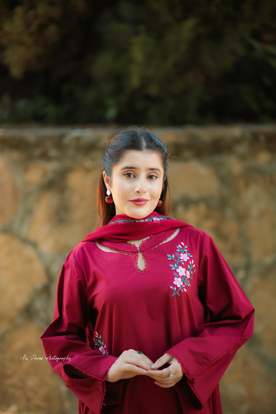 Stitched Maroon Floral Embroidered Lawn Suit