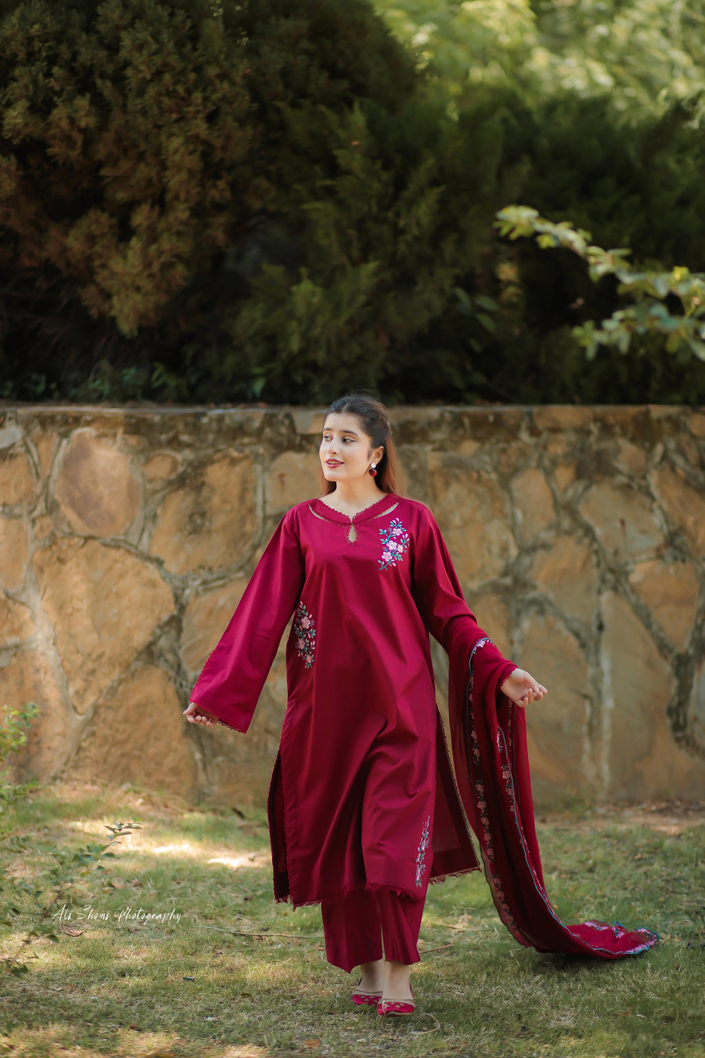 Stitched Maroon Floral Embroidered Lawn Suit