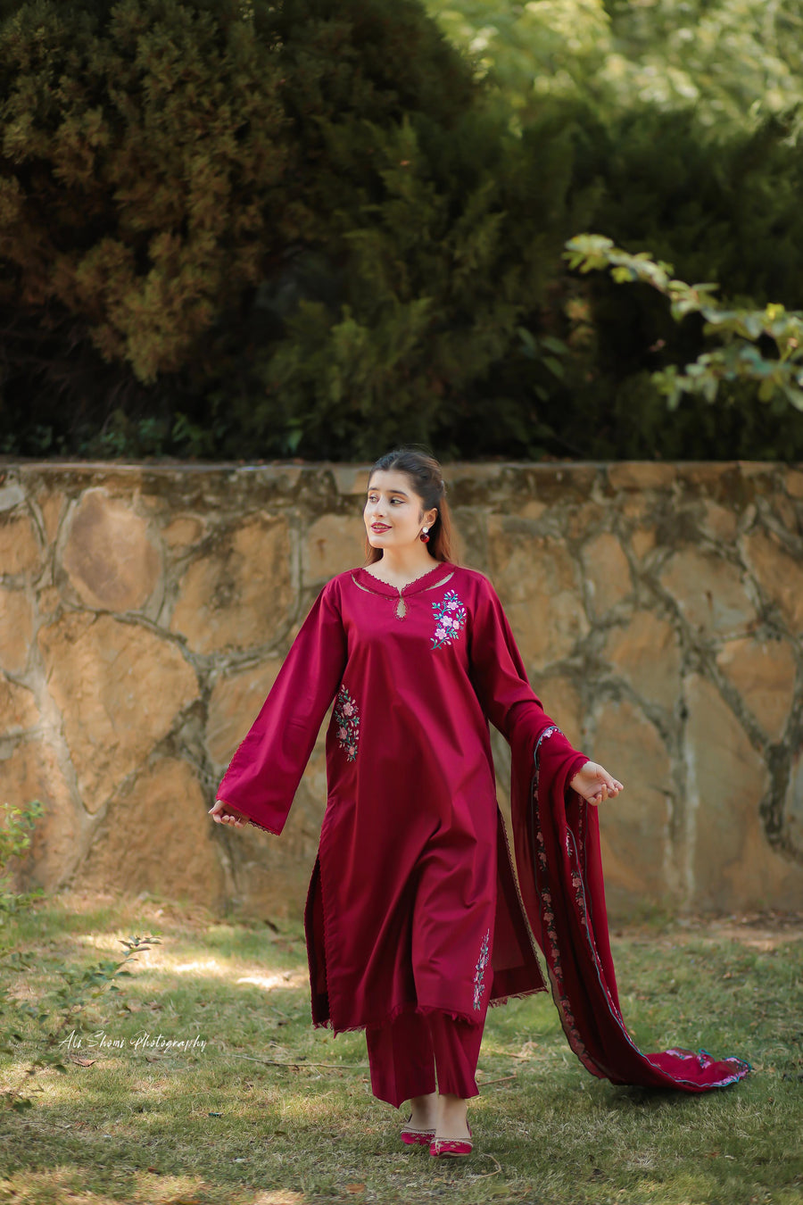 Stitched Maroon Floral Embroidered Lawn Suit