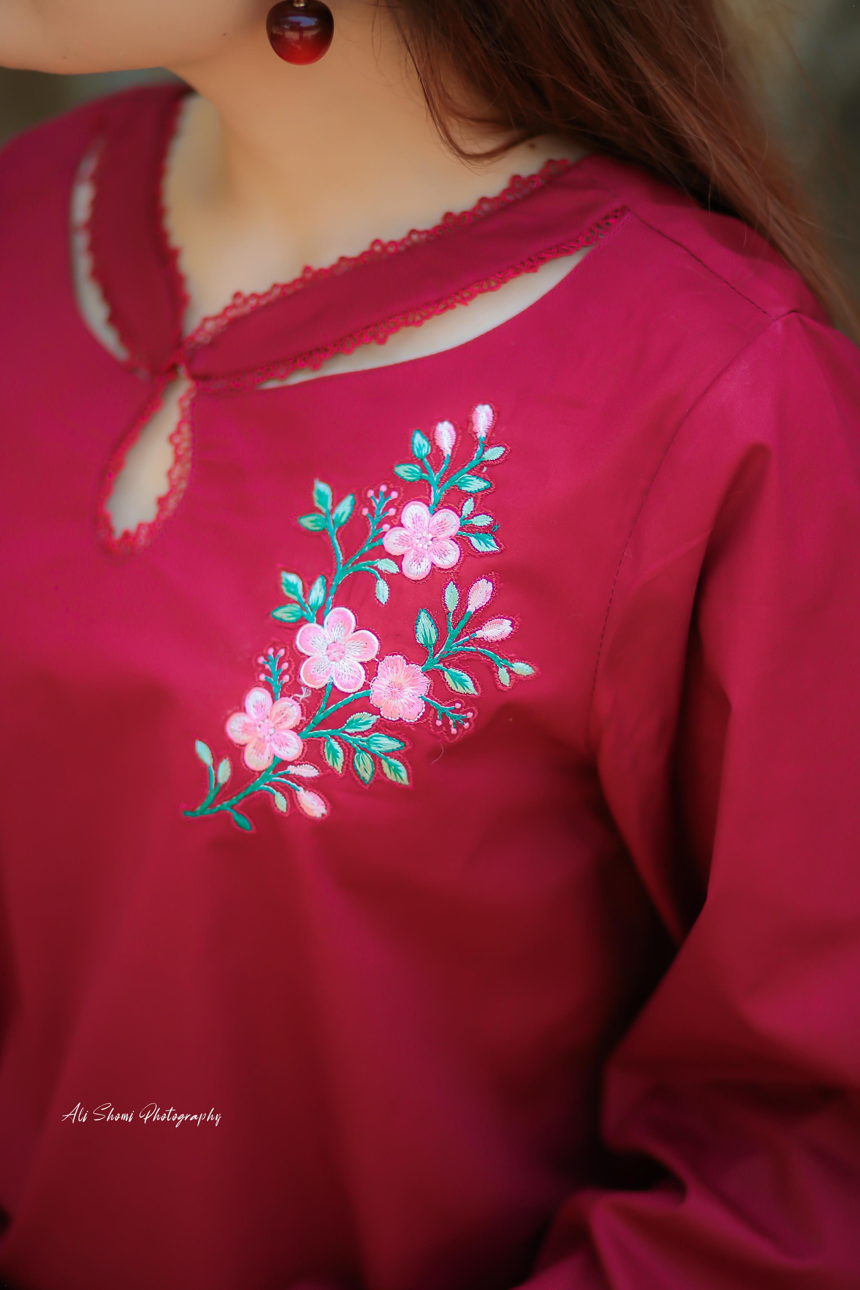 Stitched Maroon Floral Embroidered Lawn Suit