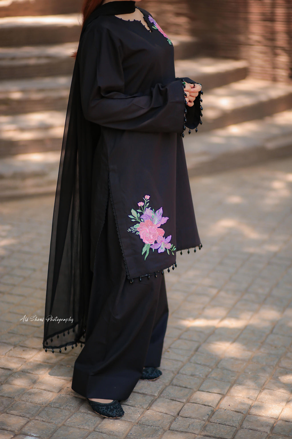 Stitched Black Floral Embroidered Lawn Suit