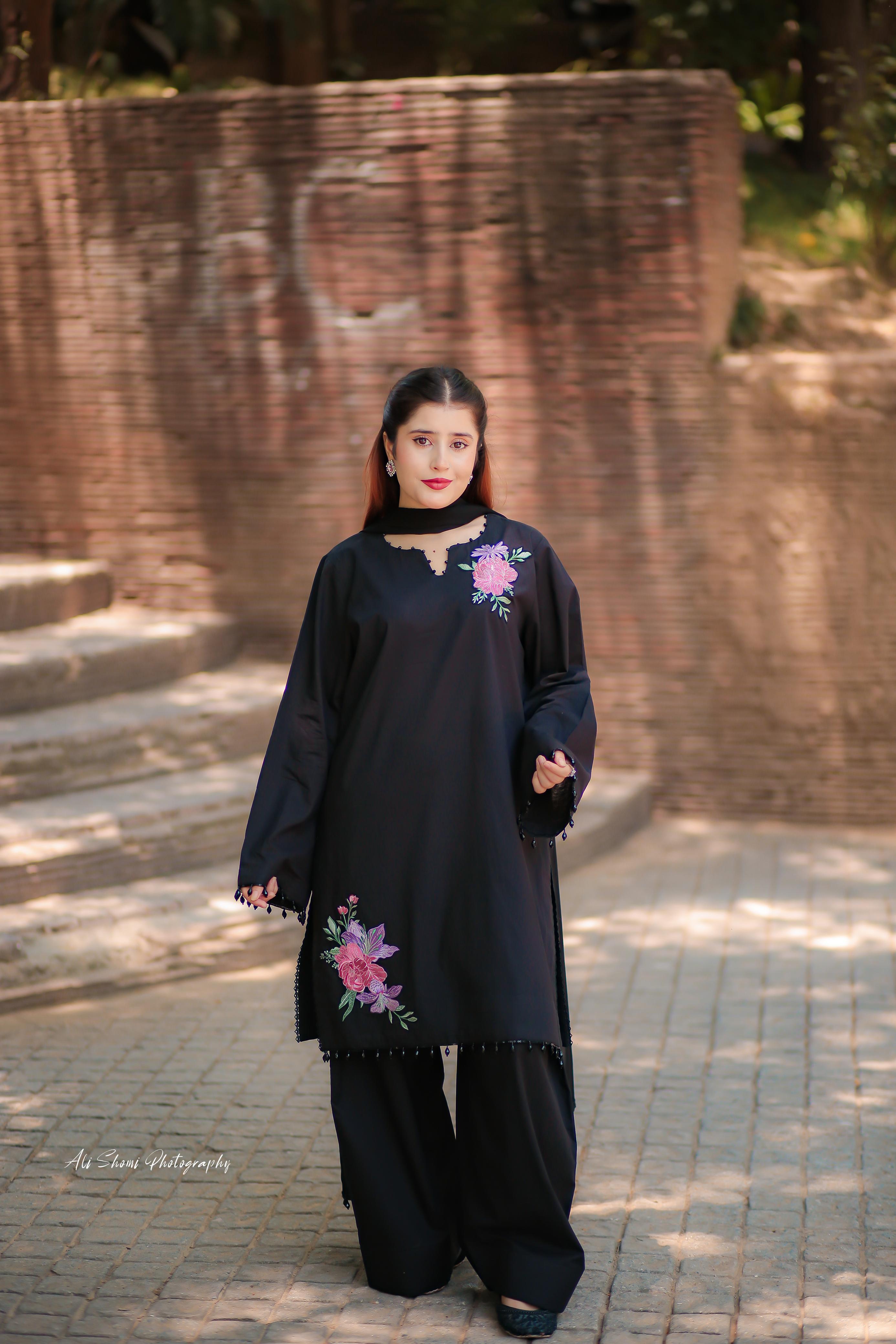 Stitched Black Floral Embroidered Lawn Suit