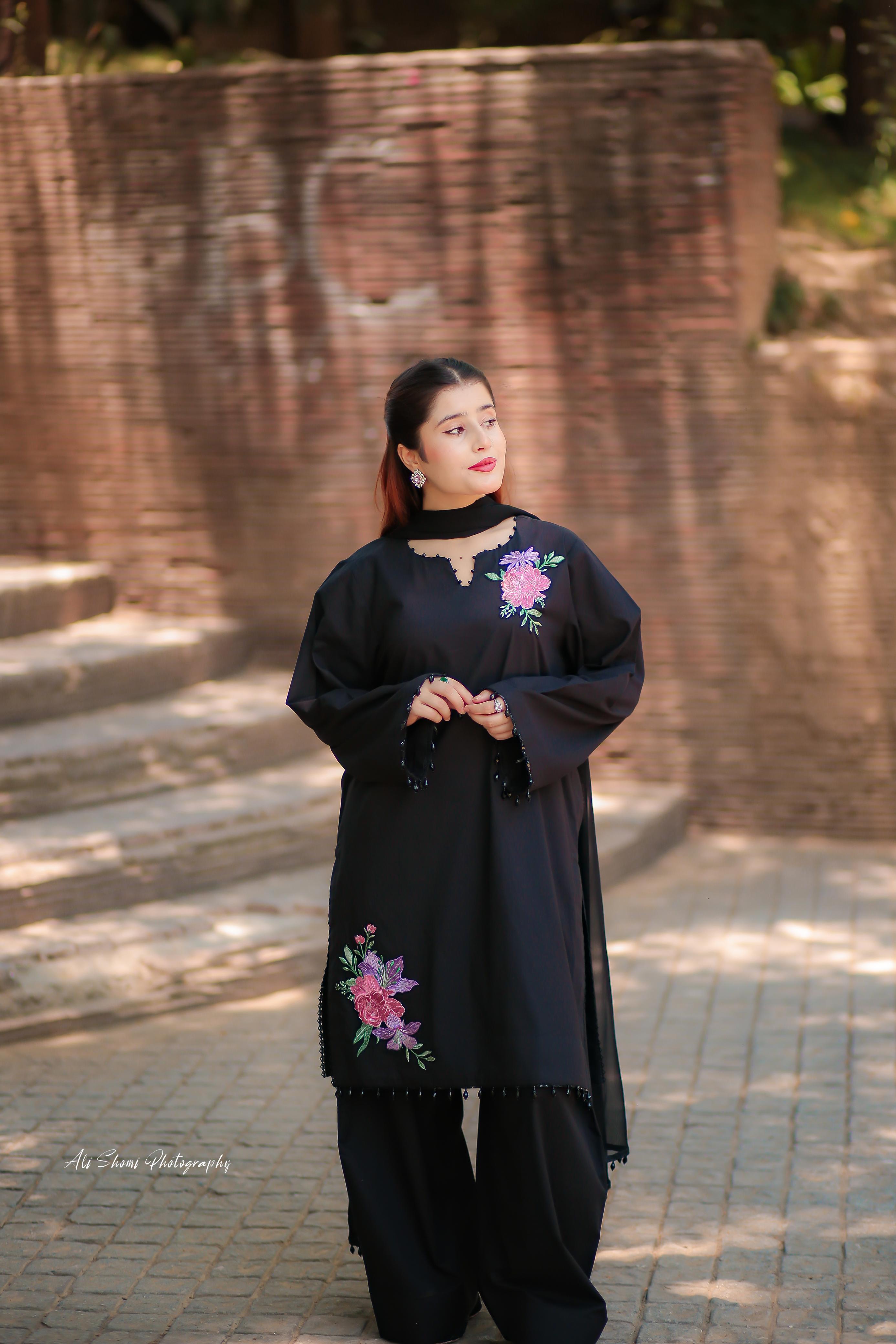 Stitched Black Floral Embroidered Lawn Suit