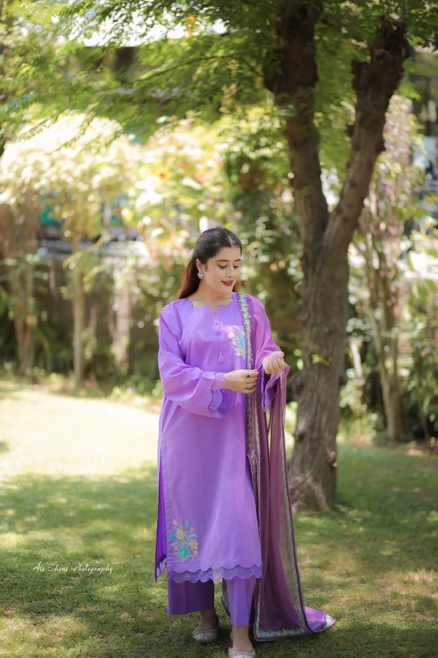 Stitched Purple Floral Embroidered Lawn Suit