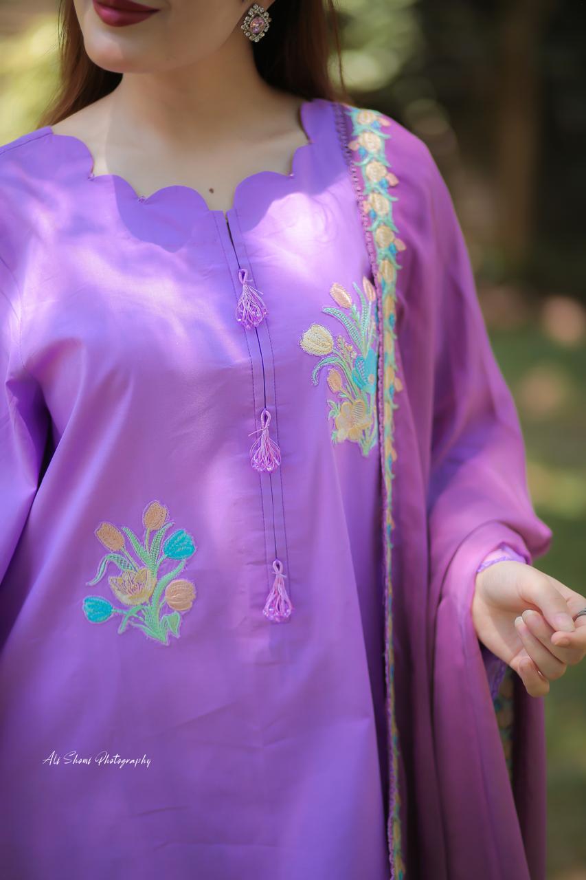 Stitched Purple Floral Embroidered Lawn Suit