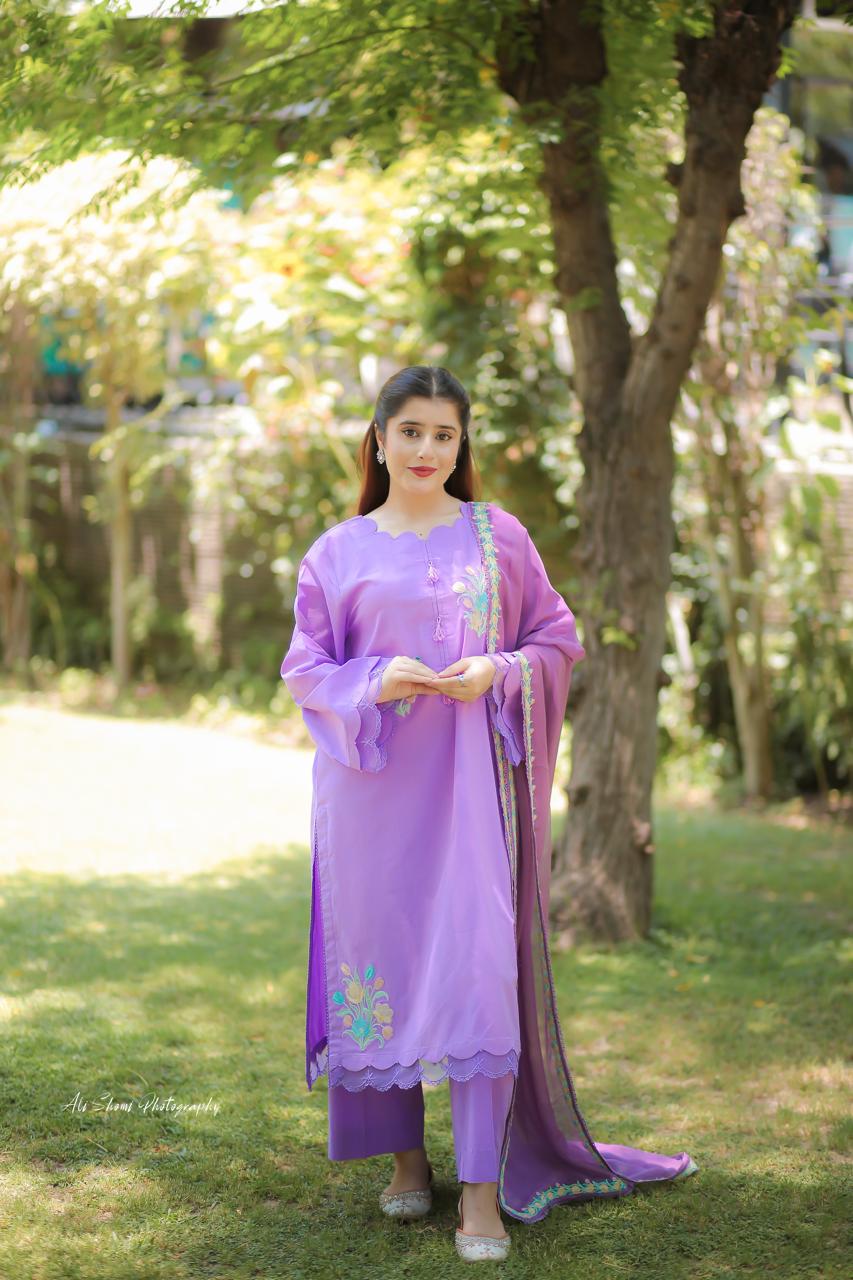 Stitched Purple Floral Embroidered Lawn Suit